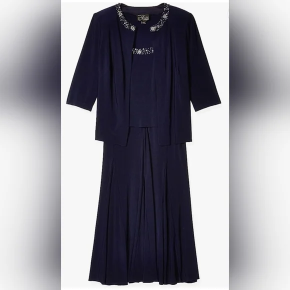 green emerald velvet dress Alex Evenings Glitter Jacquard Knit Jacket Dress with Mandarin Neckline Navy / 14